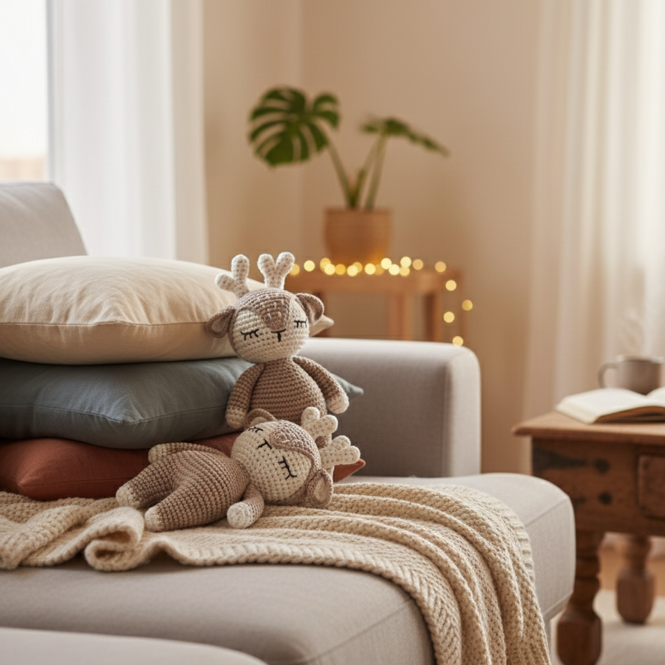 Peluche faon endormi en crochet – Fait main, douce et unique